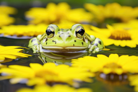 close-up of frog on lily pad in pond, created with generative aiの素材