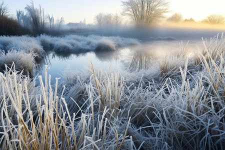 morning frost on wetland vegetation, created with generative aiの素材