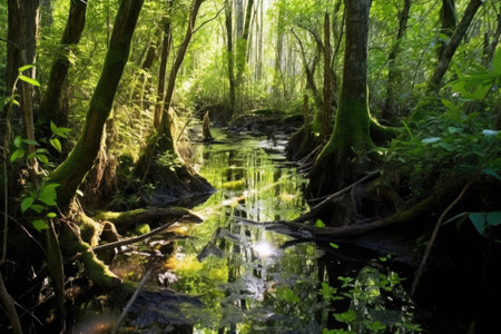 sunlight filtering through the dense vegetation of a swamp forest, created with generative aiの素材