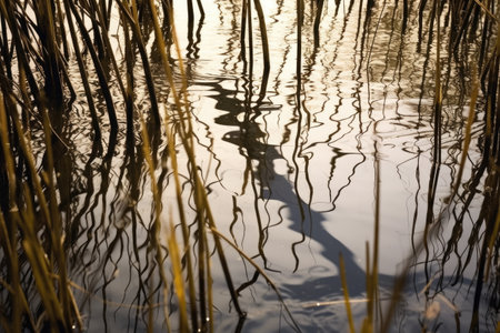 shadowy outline of an alligator lurking beneath marsh water, created with generative aiの素材