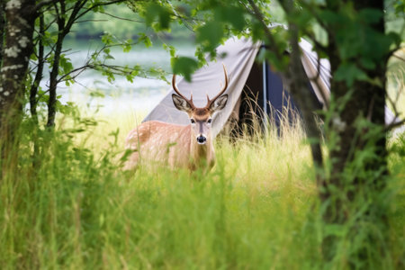 wildlife deer peeking at a distant campsite, created with generative aiの素材