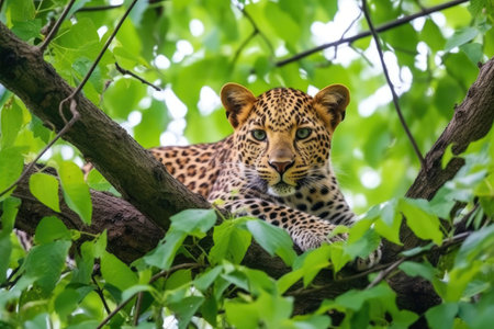 leopard lying stealthily on a tree branch in green foliage, created with generative aiの素材