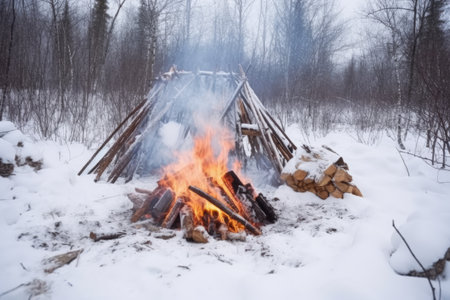 smoke rising from campfire amid snowfall, created with generative aiの素材