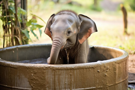 a baby elephant drinking water from a large tub, created with generative aiの素材