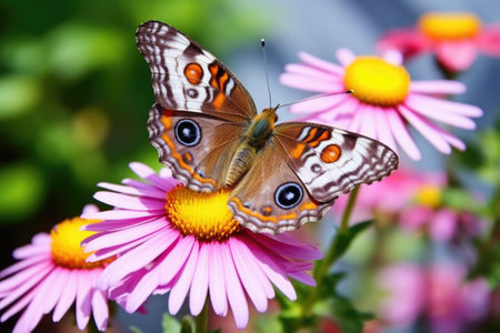a colorful butterfly sitting on a blooming flower, created with generative aiの素材