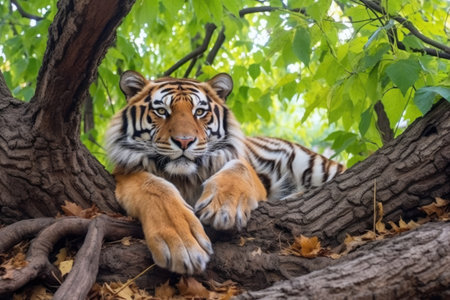 a solitary siberian tiger resting under a leafy tree, created with generative aiの素材