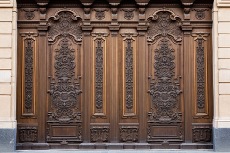 the detailed intricate carving on the wooden door of the treasury building, created with generative aiの素材