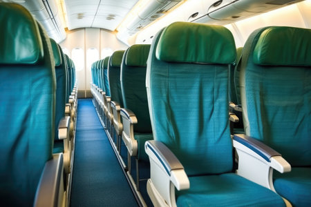 an aisle of airplane seats with fasten seatbelt signs on, created with generative aiの素材