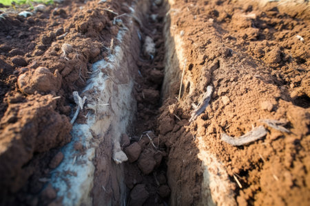 top-shot of layered soil in an archaeological trench, created with generative aiの素材