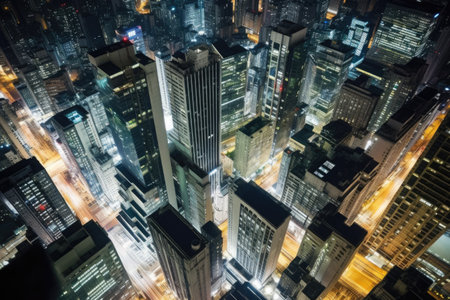 top view of city skyscrapers illuminating at night, created with generative aiの素材