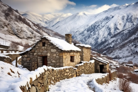 traditional stone cottage in the snow-covered mountains, created with generative aiの素材
