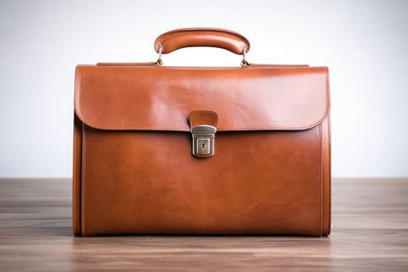 a closed brown briefcase on a table, created with generative aiの素材