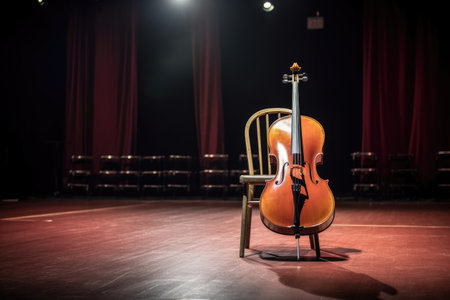 cello resting against a chair in an empty orchestra pit, created with generative aiの素材