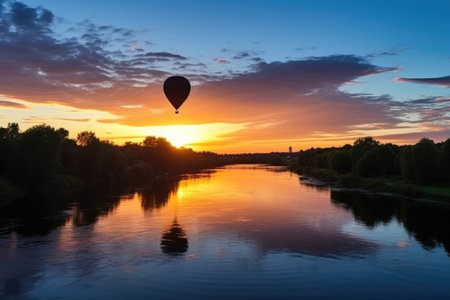 a sunset with the silhouette of a hot air balloon over a river, created with generative aiの素材