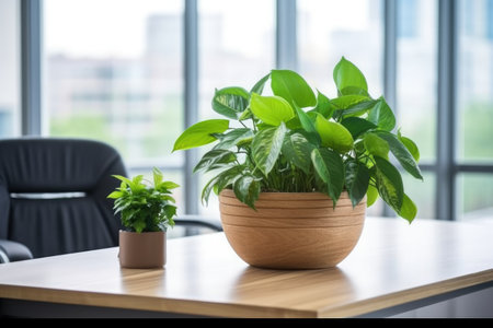 wooden table with plant decor in an office, created with generative aiの素材