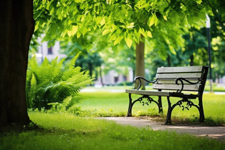 greenery arranged around a park bench, created with generative aiの素材
