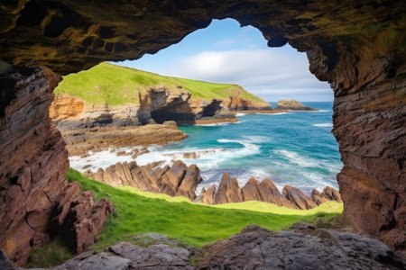 a view through a cave entrance framing a coastal scene, created with generative aiの素材