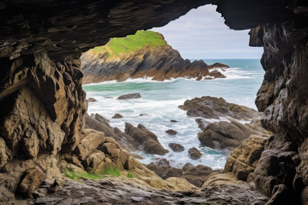 a view through a cave entrance framing a coastal scene, created with generative aiの素材