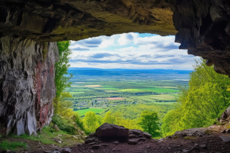 cave entrance overlooking a valley from the hill, created with generative aiの素材