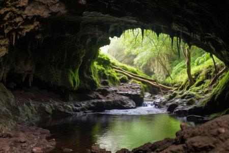 rainwater trickling into a shallow cave, created with generative aiの素材