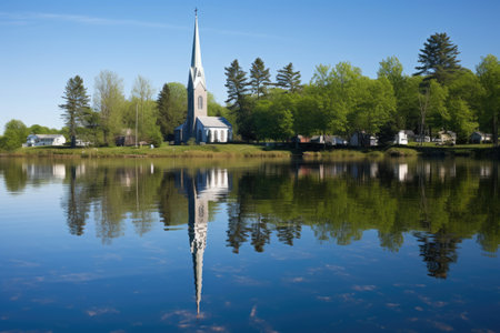 church steeple reflecting in a glassy lake, created with generative aiの素材