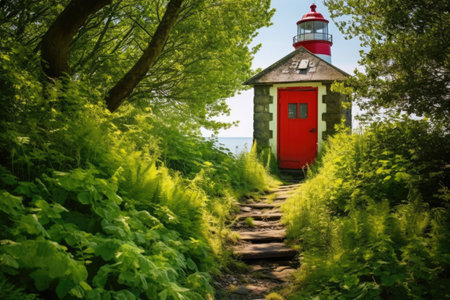 bright red door of an inland lighthouse set in lush greenery, created with generative aiの素材