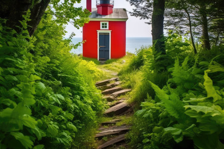 bright red door of an inland lighthouse set in lush greenery, created with generative aiの素材