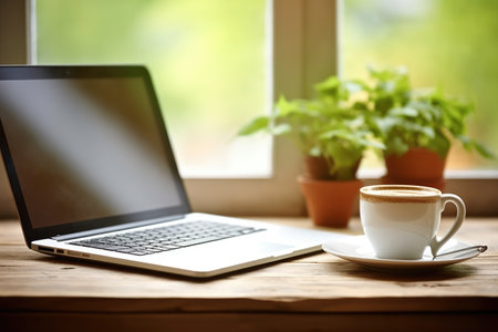 a cup of hot coffee next to a laptop and notebook, created with generative aiの素材