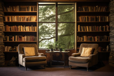 tranquil reading area with bookshelves lining the walls, created with generative aiの素材