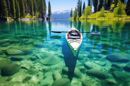 kayak floating on clear, tranquil lake, created with generative aiの素材