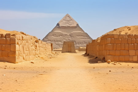 pyramid as seen from a narrow desert alley, created with generative aiの素材