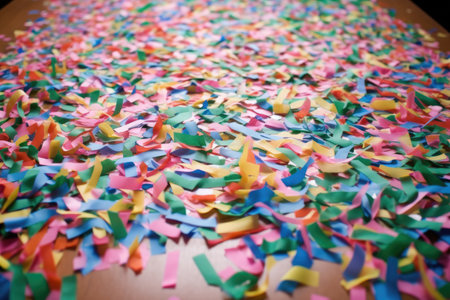 shower of colorful paper confetti on a desk, created with generative aiの素材