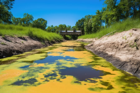 acid mine drainage flowing into a river, created with generative aiの素材