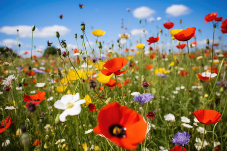photo of bee-friendly wildflower meadow, created with generative aiの素材