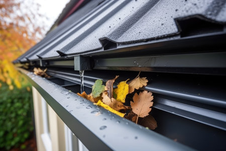 close-up of a dropping rainwater collector beneath a roof gutter, created with generative aiの素材