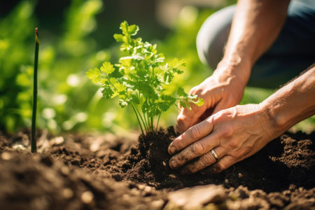 hands planting a small tree in a sunny backyard, created with generative aiの素材