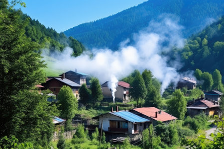a peaceful mountain village with smoke wafting from chimneys, created with generative aiの素材
