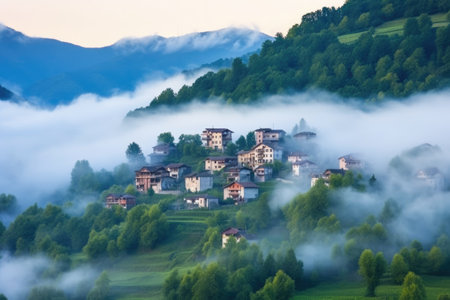 a small, mountain-top village in the early morning fog, created with generative aiの素材