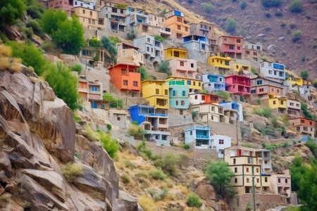 tiny, brightly colored houses on a steep, rocky hillside, created with generative aiの素材