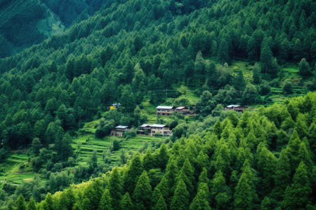 dense forest surrounding isolated mountain-top cottages, created with generative aiの素材