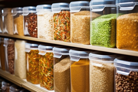 stacks of bulk grains in zip-tight bags on a pantry shelf, created with generative aiの素材