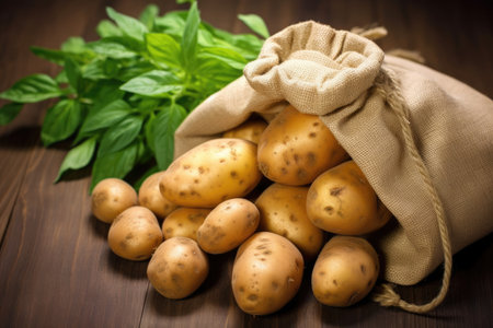 pile of homegrown potatoes in a burlap sack, created with generative aiの素材
