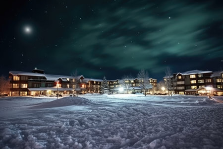 economical snow resort under starlit night sky, created with generative aiの素材