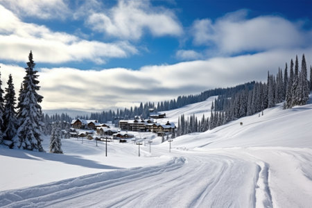 sunny snow resort with ski tracks leading downhill, created with generative aiの素材