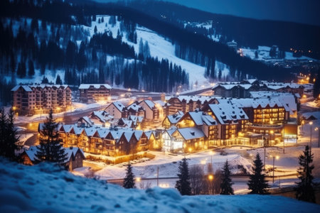 night view of illuminated snow resort, created with generative aiの素材