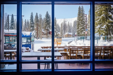 budget snow resort cafeteria through a window, created with generative aiの素材