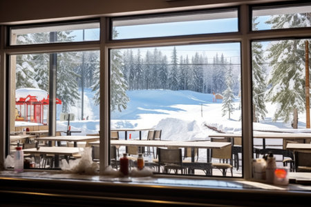 budget snow resort cafeteria through a window, created with generative aiの素材