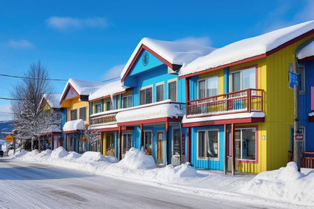 budget pet-friendly snow resort facade, created with generative aiの素材