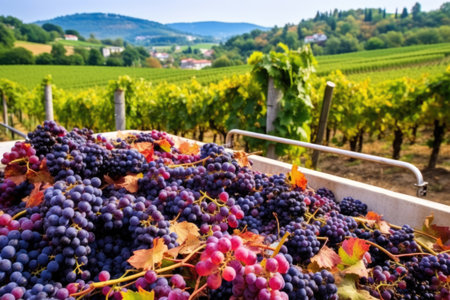 harvest-ready vineyard with large heap of purple grapes, created with generative aiの素材