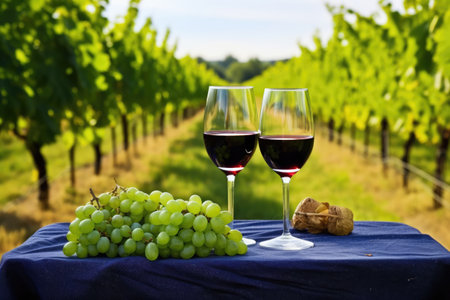 two glasses of wine on a picnic table in field of grapes, created with generative aiの素材